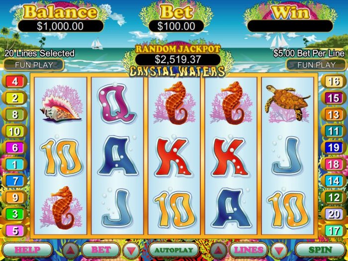 An undersea adventure themed main game board featuring five reels and 20 paylines with a $250,000 max payout - All Online Pokies