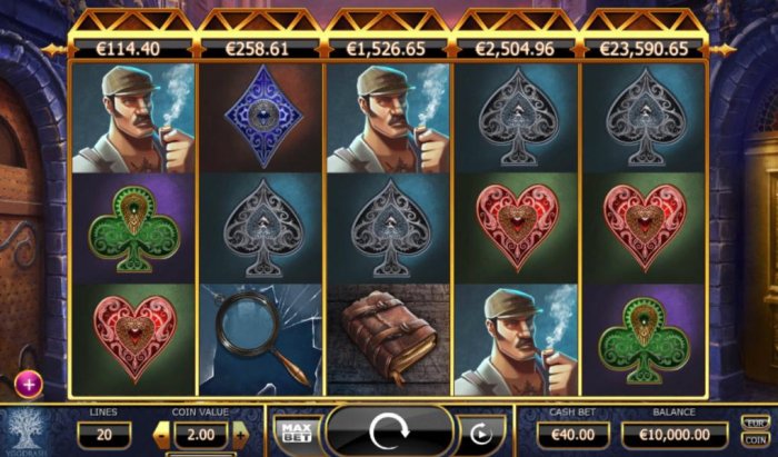 Main game board featuring five reels and 20 paylines with a progressive jackpot payout by All Online Pokies