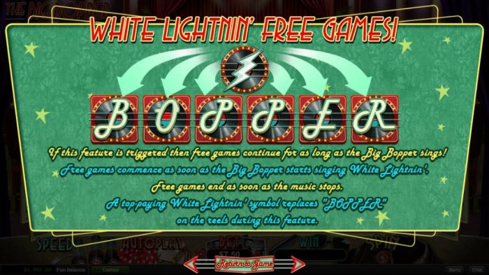 All Online Pokies - White Lingtnin Free Games - If this feature is triggered then free games continue for as long as the big bopper sings.