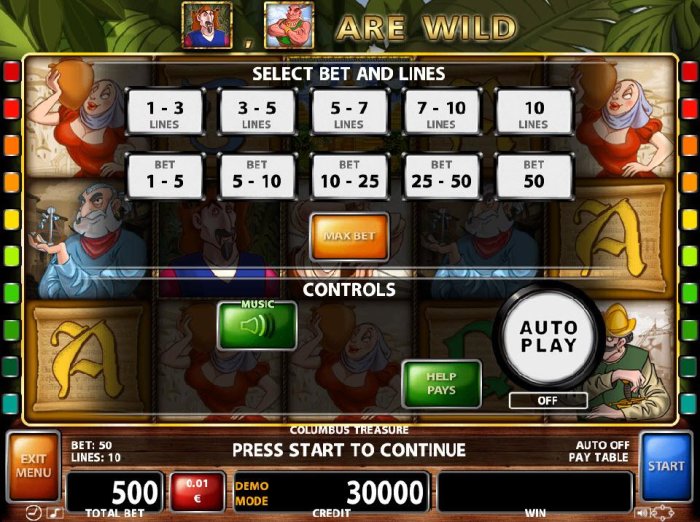 Select Bet and Lines - 1 to 25 Lines and 1 to 50 coins per line. - All Online Pokies