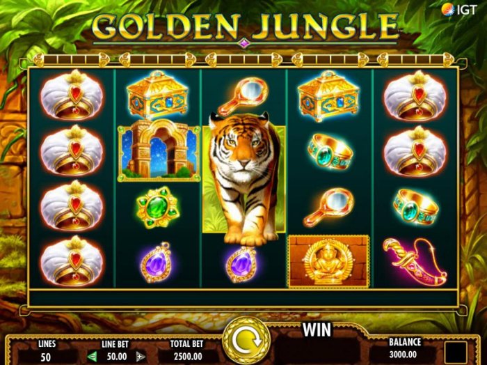 All Online Pokies - An Indian jungle themed main game board featuring five reels and 50 paylines with a $250,000 max payout