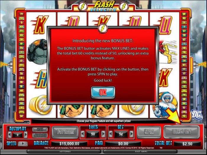 All Online Pokies - The bonus bet button activates max lines and makes the total bet 60 credits instead of 50, unlocking an extra bonus feature