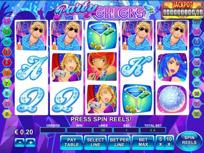 All Online Pokies - Main game board featuring five reels and 20 paylines with a $150,000 max payout