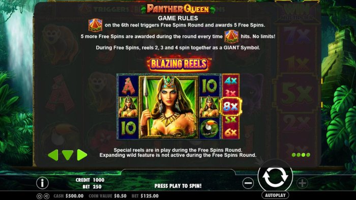 Pyramid on the 6th reel triggers Free Spins Round and awards 5 free spins. During Free Spins, reels 2, 3 and 4 spin together as a giant symbol. by All Online Pokies