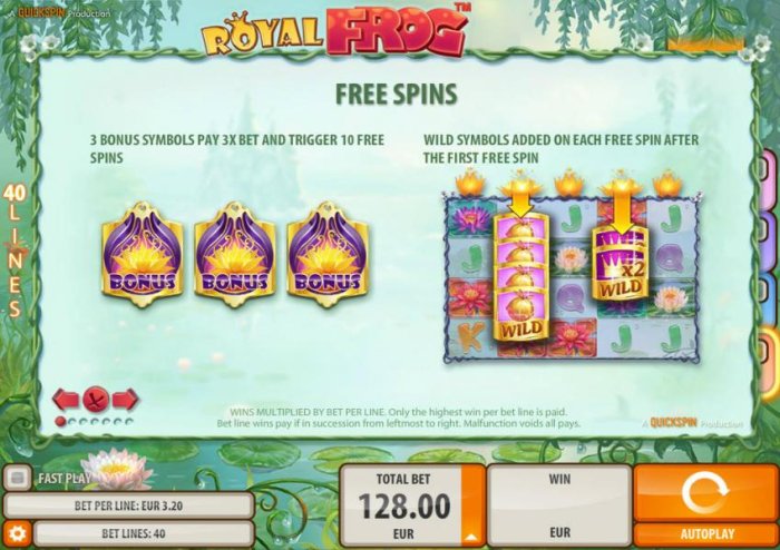 All Online Pokies - Free Spins - 3 bonus symbols pay 3x bet and trigger 10 free spins. Wild symbols added on each free spin after the first free spin.