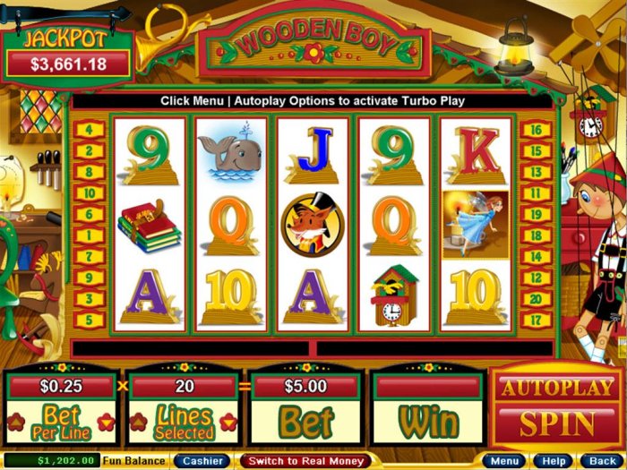 A childrens fairy tale themed main game board featuring five reels and 20 paylines with a $250,000 max payout - All Online Pokies