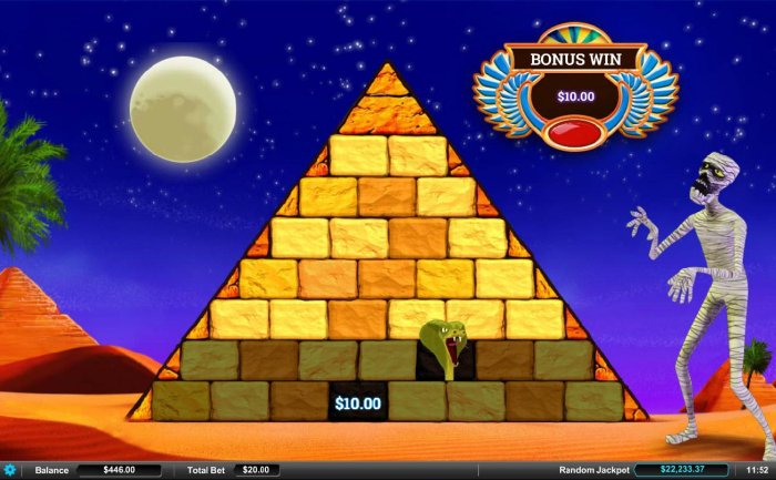 All Online Pokies - Pyramid Bonus Game. Select a stone block to reveal a prize. Be careful though, find a cobra and bonus game play ends.