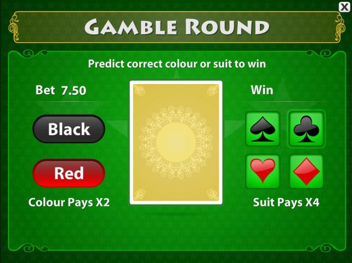 Gamble Feature - To gamble any win press Gamble then select color or a suit. - All Online Pokies