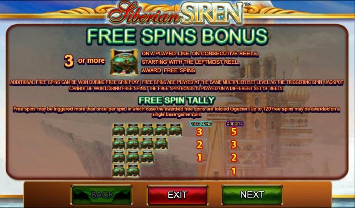 Free Spins Bonus - 3 or more Faberge Egg symbols on a played line, on consecutive reels, starting with the leftmost reel, awards free spins. - All Online Pokies