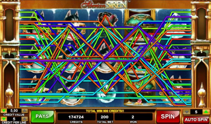 A 900 credit big win triggered by multiple winning paylines. - All Online Pokies