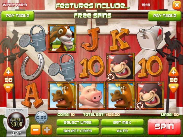Main game board featuring five reels and 50 paylines with a $3,750 max payout by All Online Pokies
