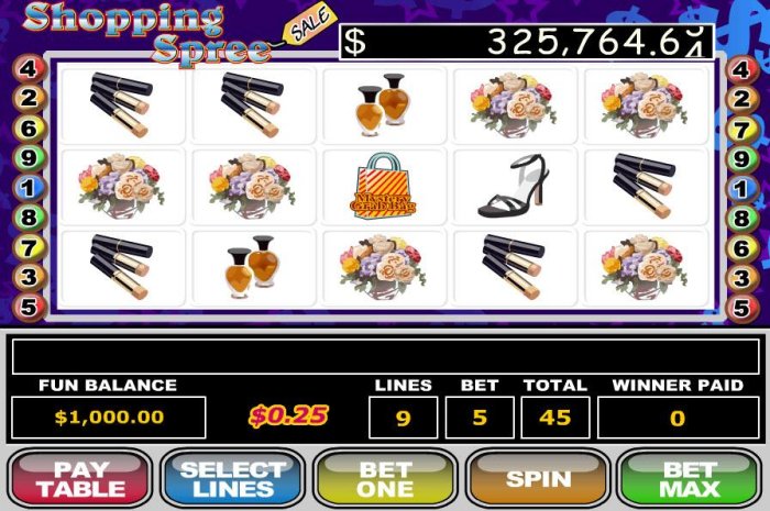 All Online Pokies - A luxury shopping themed main game board featuring five reels and 9 paylines with a $100,000 max payout