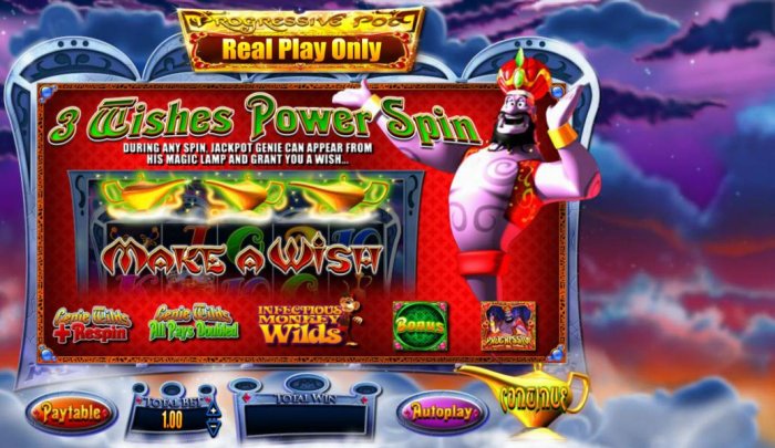 All Online Pokies - features 3 Wishes Power Spin. During any spin, Jackpot Genie can appear from his magic lamp and grant you a wish. Pick from one of three magic lamps to reveal a prize.