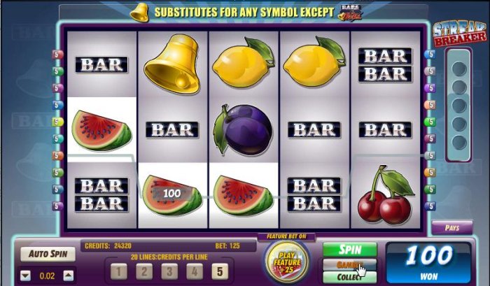 All Online Pokies - three watermelon symbols triggers 100 coin payout
